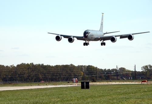 Photograph of USAF KC-135 tanker aircraft coming in for a landing.