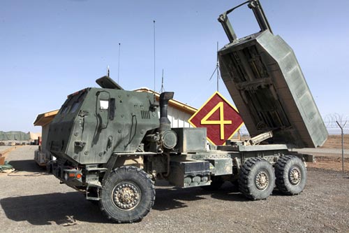 Photograph of a U.S. Army M142 HIMARS rocket-projecting armored vehicle.